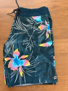 Billabong Teal Floral Recycler Sundays Airlite Board Shorts with Neon Accents